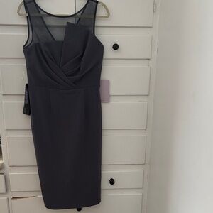 JS Collections Elegant Gunmetal Midi Dress with Sheer Accents